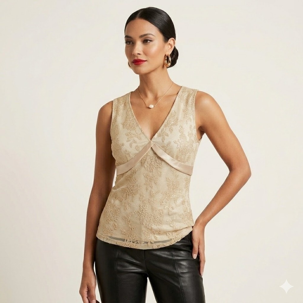 Y2K Lace Tank Top Womens Size M Gold Metallic Floral Empire Waist Holiday
